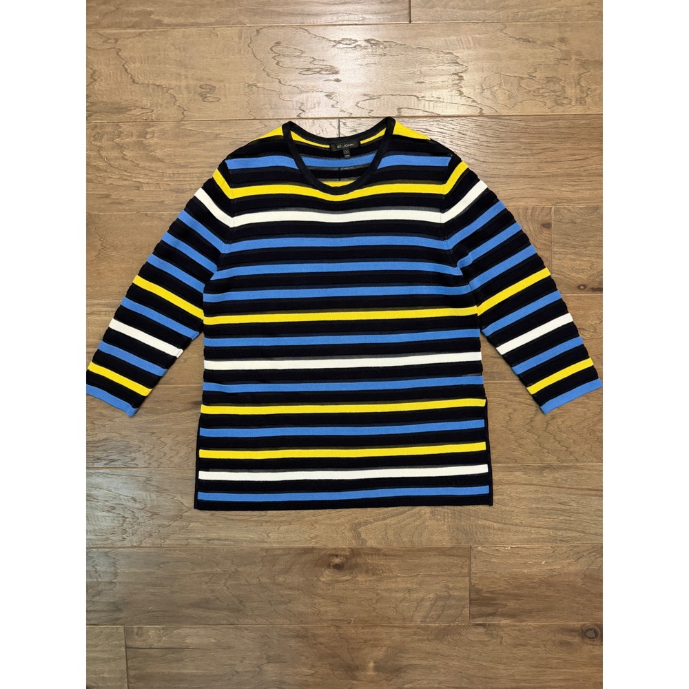 St.‎ John Knit Top Women L Blue Yellow Striped 3/4 Sleeve Wool Blend